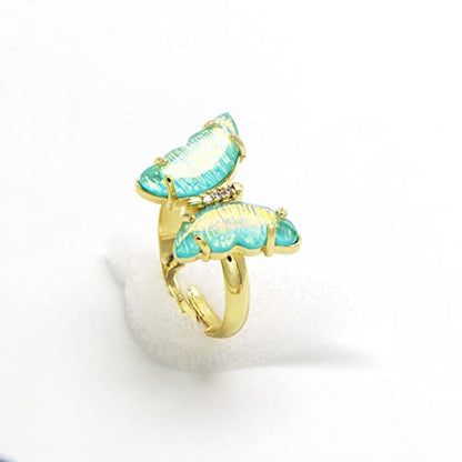COLORFUL BLING Adjustable Elegant Transparent Crystal 3D Butterfly Rings for Women Aesthetic Gold Plated Cute Animal Insect Open Finger Cuff Ring Birthday Valentine Gifts - color: pure green