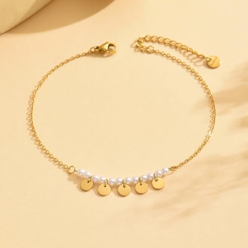 Gold Ankle for Women 18K Gold Plated Tennis Sapphire Paperclip Pearl Sequin Droplet Lip Link Chain Large Anklet Bracelets Simple Beach Summer Waterproof Foot Jewelry - color: Pearl Sequin-Gold