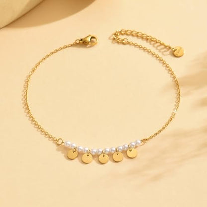 Gold Ankle for Women 18K Gold Plated Tennis Sapphire Paperclip Pearl Sequin Droplet Lip Link Chain Large Anklet Bracelets Simple Beach Summer Waterproof Foot Jewelry - color: Pearl Sequin-Gold
