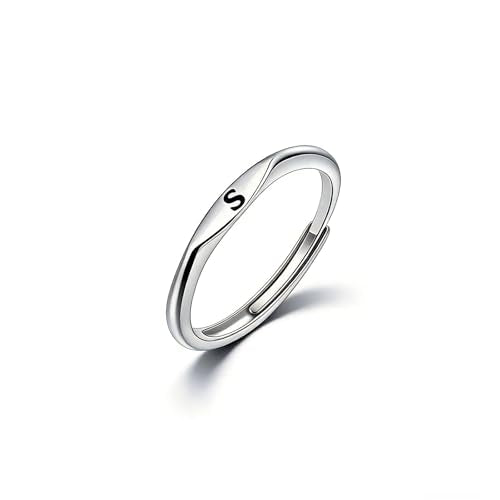 Thin Stacking Initial Rings for Women Stackable Plain Letter Ring Open Adjustable Silver Capital Alphabet Letter Band Ring - color: S
