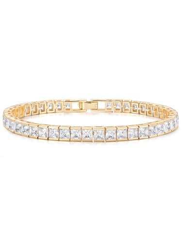 5A Cubic Zirconia Tennis Bracelet for Women, Rhodium/Yellow Gold Plated Hypoallergenic, Birthday Wedding Anniversary Jewelry - color: Princess Cut - Yellow Gold