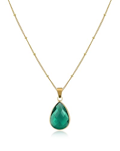 14K Gold Plated Emerald Teardrop Necklace Crystal Pendant Necklace for Women Classic Green Jewelry for Mothers Gift
