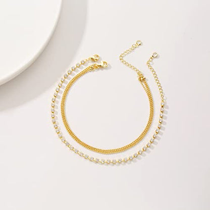14K Gold Plated Layered Satellite Beads Heart Anklets Layering Rhinestone Cubic Zirconia Ankle Bracelets for Women Minimalist Summer Beach Foot Chain Ankle Jewelry for Her - style: 4 Layered Tennis -GD