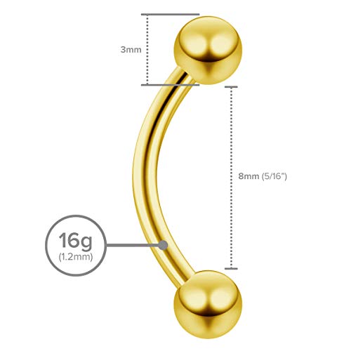 2pc Curved Barbell Daith Rook Conch Labret Helix Lip Ring Tragus Eyebrow Cartilage (choose Color, Gauge, Length) - color: Gold - 8mm (5/16) - 16g