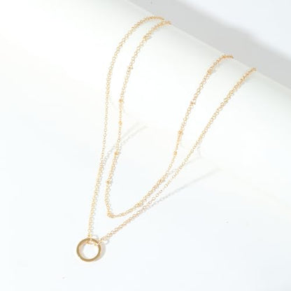 925 Silver Layered and 14K Gold Plated Necklace for Women – Circle Pendant Adjustable Stacking Chain, Retro Modern Jewelry for Special Occasion Gift - color: Gold 2
