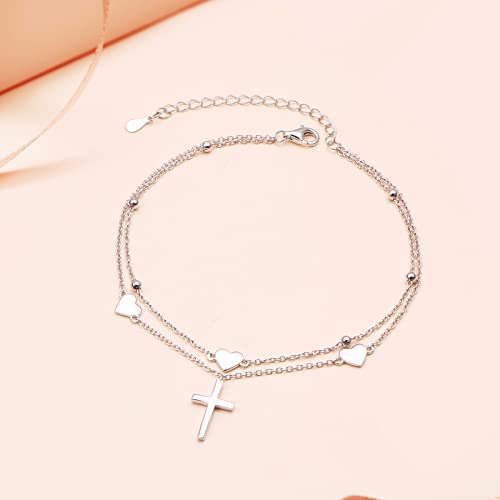 Anklet for Women 925 Sterling Silver Foot Adjustable Ankle Bracelet Jewelry - style: Heart Cross