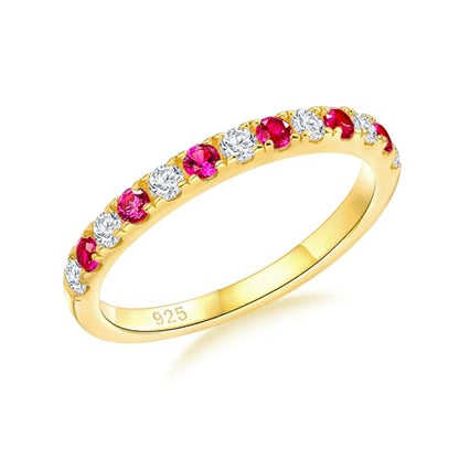 Birthstone Rings Eternity Band 925 Sterling Silver/Yellow Gold-Plated Created Gemstone Stackable Wedding Band 2.7mm Thin Half Eternity Rings for Women Size 6 to 10 - color: 07-Ruby-Jul.