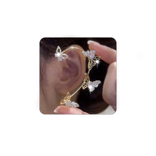 BETHYNAS Glitter Rhinestone Butterfly Flower Ear Cuff Sparkly Non-Pierced Crystal Tassel Fake Earrings Climber Lady Ear Wrap Bridal Party Ear Jewelry for Women and Girls - color: Gold Hollow Butterfly