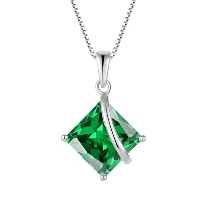 Square Princess Cut Necklace 925 Sterling Silver Solitaire Pendant Necklace Birthstone Jewelry Gifts for Women - color: 05 May - Emerald