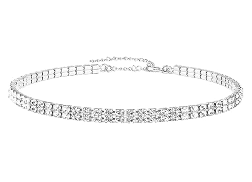 WangGao Dual Layer Stainless Steel Rhinestone Choker Tennis Necklace - color: Silver