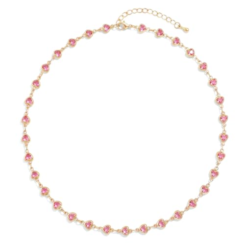Colorful Necklace for Women,14K Gold Plated Chain With Crystal Necklace Womens Statement Cute Trendy Surfer Beach Choker Necklaces Gifts - color: Pink Heart