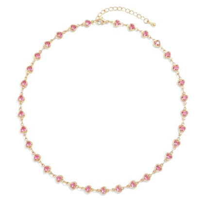 Colorful Necklace for Women,14K Gold Plated Chain With Crystal Necklace Womens Statement Cute Trendy Surfer Beach Choker Necklaces Gifts - color: Pink Heart