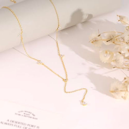 Long Gold Necklace For Women,Dainty Lariat Y Necklace 14K Gold Plated Cute Cubic Zirconia Lariat Necklaces Trendy Simple Statement Rhinestone Choker Necklaces Summer Jewelry - color: Gold-style 4