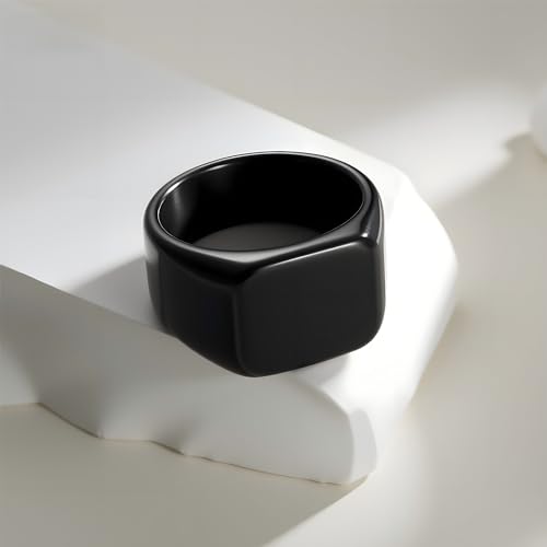 Mens Stainless Steel Plain Signet Rings 4/7/10/14MM Rectangular Pinky Rings | High Polish Classic Blank Thumb Rings, Everyday Comfit Wear, Gift for Men - color: Black14