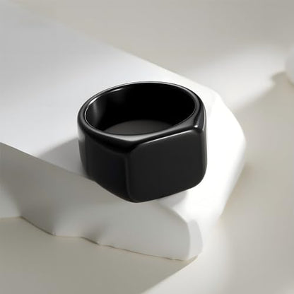Mens Stainless Steel Plain Signet Rings 4/7/10/14MM Rectangular Pinky Rings | High Polish Classic Blank Thumb Rings, Everyday Comfit Wear, Gift for Men - color: Black14