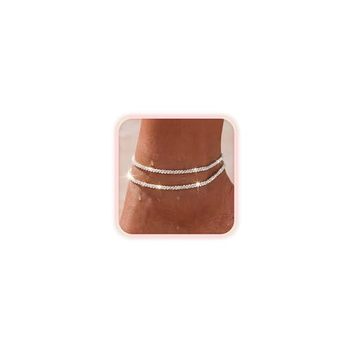 Dainty Layered Ankle Bracelets for Women Waterproof, 14K Gold/Silver Plated Anklets Beaded Satellite Chain Ankle Bracelet Set Trendy Beach Summer Fashion Jewelry Gift - style: Style 2-Silver