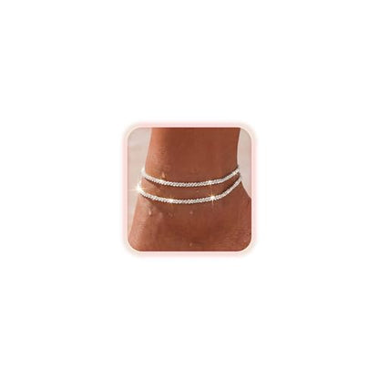 Dainty Layered Ankle Bracelets for Women Waterproof, 14K Gold/Silver Plated Anklets Beaded Satellite Chain Ankle Bracelet Set Trendy Beach Summer Fashion Jewelry Gift - style: Style 2-Silver