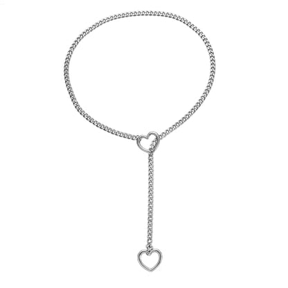Qitian Stainless Steel Adjustable Lariat Y-Necklace for Men,Punk Gothic Cuban Necklace Jewelry,Heart O-ring Slip Chain Necklace for Women - color: Silver