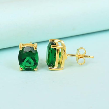 Women's 18K Gold Plated 8x10mm Princess Cut Gemstone Stud Earrings – Birthstone Jewelry for Her – Classic Cushion Studs - color: Emerald