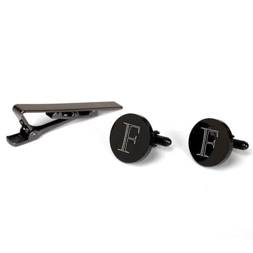 Mens Initial Cufflinks and Tie Clip A-Z Alphabet Letter Black Stainless Cuff Links Tie Bar with Engraved Walnut Wood Box Groom Groomsman Wedding Set - style: Classic-F