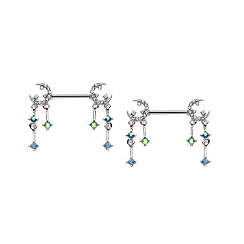 Pierced Owl 14GA 316L Stainless Steel Gemmed Crescent Moon and Star with Dangling Charms Nipple Barbells, Sold as a Pair - style: Silver Tone