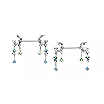 Pierced Owl 14GA 316L Stainless Steel Gemmed Crescent Moon and Star with Dangling Charms Nipple Barbells, Sold as a Pair - style: Silver Tone