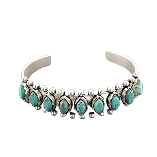 COLORFUL BLING Bohemian Turquoise Engraved Cuff Bracelet Natural Stone Adjustable Wrap Bangle Western Style Gemstone Boho Jewelry for Women - color: Green