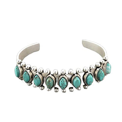 COLORFUL BLING Bohemian Turquoise Engraved Cuff Bracelet Natural Stone Adjustable Wrap Bangle Western Style Gemstone Boho Jewelry for Women - color: Green
