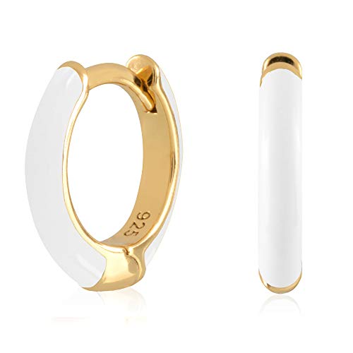 14K Gold Plated Sterling Silver Enamel Color Huggie Hoop Earrings for Women – Wide Range of Vibrant Color Options Available - color: White