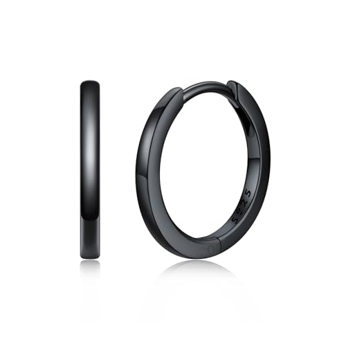 925 Sterling Silver Huggie Hoop Earrings, Small Silver Hoop Earrings for Women Hypoallergenic Huggie Lightweight Small Hoops Earring Cartilage Sleeper Earrings 6/8/10/12/14/16/18/20mm - color: Black, size: 12MM