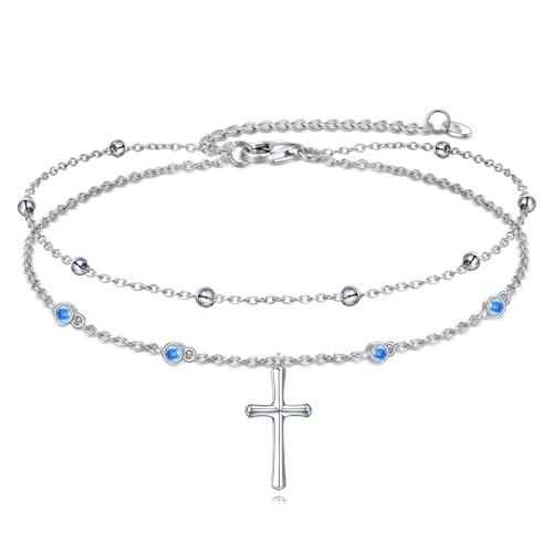 LUHE Cross Ankle Bracelets Sterling Silver Religius Double Chain Anklets Christian Baptism Layered Anklet Jewelry Gifts for Women - style: Simple cross anklet