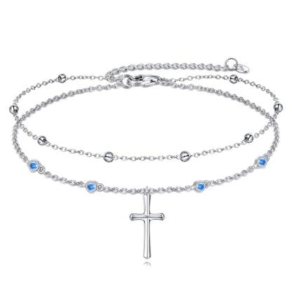 LUHE Cross Ankle Bracelets Sterling Silver Religius Double Chain Anklets Christian Baptism Layered Anklet Jewelry Gifts for Women - style: Simple cross anklet