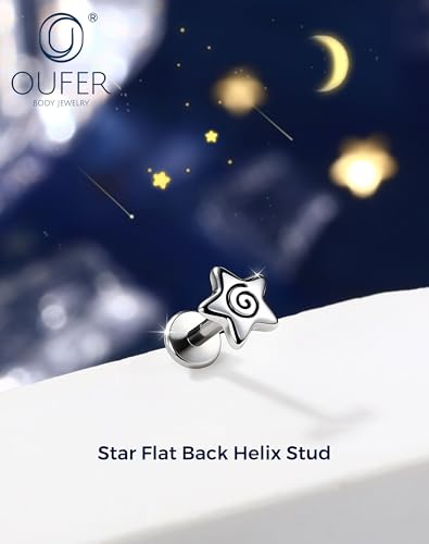 OUFER 16G Spiral Star Internally Threaded Flat Back Helix Stud 316L Surgical Stainless Steel 6mm Cartilage Tragus Nose Conch Daith Medusa Labret Piercing Jewelry for Women Men