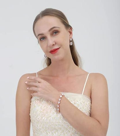 Bride Teardrop Earrings & Bracelet Wedding Jewelry Set, Cubic Zirconia Bridal Bridesmaid Party Formal Prom Gift - color: Rose Gold