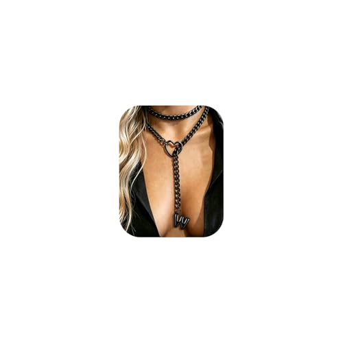 Black Heart Slip Chain Initial Necklaces for Women, Stainless Steel Wrap Choker Necklace, Gothic O-Ring Adjustable Lariat Y Necklaces, Punk Cuban Collar Choker Necklace, Halloween Jewelry Gift - color: Black W