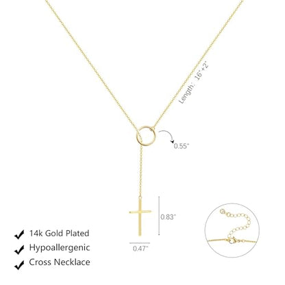 HERIER Lariat Gold Necklace for Women, Dainty Long Necklace 14k Gold Plated/Silver Y-Shaped Layered Beaded Chain Drop Necklaces for Women Trendy Simple Gold Jewelry for Women Gifts - color: Y Cross Necklace-Gold