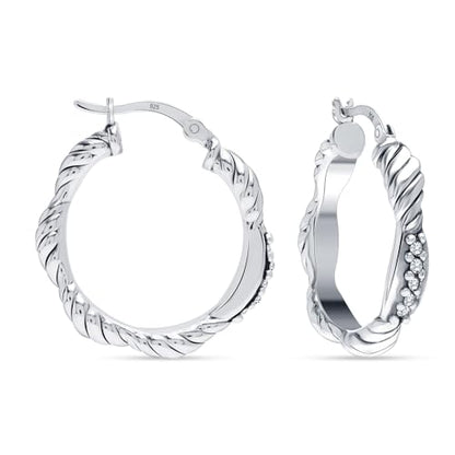 LeCalla Sterling Silver Hoop Earrings for Women | Lightweight Silver Chunky Hoop Earrings | Handmade Electroform Hollow Italian Design Click-Top Earrings Hoop - color: CZ Antique Texture
