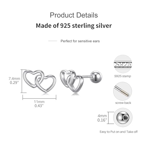 JSGEMSLEE Hypoallergenic 925 Sterling Silver Stud Earrings for Women With Screw Back Small Butterfly Heart Flower Earrings for Girls Tragus Cartilage Jewelry Gifts - color: double heart
