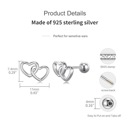 JSGEMSLEE Hypoallergenic 925 Sterling Silver Stud Earrings for Women With Screw Back Small Butterfly Heart Flower Earrings for Girls Tragus Cartilage Jewelry Gifts - color: double heart