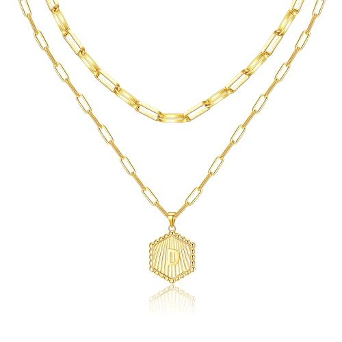 Layered Initial Necklace for Women | Gold Plated Paperclip Chain with Sunburst Hexagon Letter Pendant | Double Layer Alphabet Necklace | Personalized Minimalist Jewelry Gift - color: D
