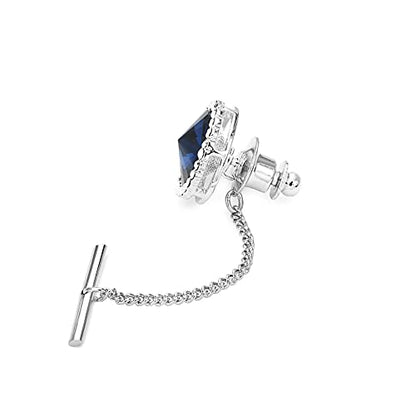 Men's Classic Round Crystal Men's Tie Tack Gold Color Tie Tack Clutch Back Fashion Necktie Tack Pin with Chain Crystal Lapel Pins Brooch - color: Royal Silver Tie Tack