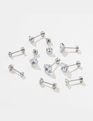Kainier Women's 14K Gold Plated CZ Stud Earrings Simulated Diamond Round Cubic Zirconia Ear Stud Set（5 Pairs)… - color: CZ-Sliver-Plated