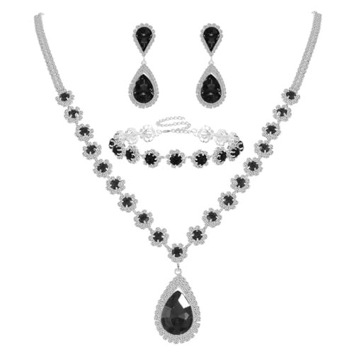 Silver Plated Necklace Earrings Bracelet Crystal Bridal Wedding Jewelry Sets for Wedding princess birthday party Halloween Prom Pageant Jewelry - color: 1-black