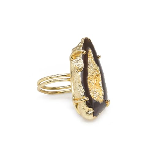 Ring Geode Druzy Slice Unique And Stylish Statement Gold Plated Jewelry Natural Gemstone Stone size 25-35 mm Approximately Adjustable Shank US Scale Size 6-9 - color: Brown