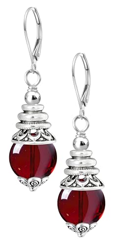 Natural 10mm Stone Beads Drop Earrings,Retro Silver Round Quartz Crystal Gemstone Beads Dangle Earrings for Women - color: A01_Red Garnet