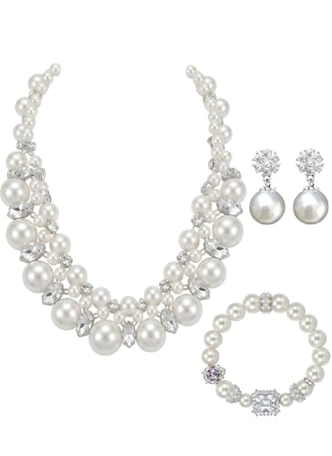 Pearl Necklace Set - Faux Pearl Earrings and Bracelets Jewelry Set for Women Wedding Bridal Shower Tea Party Accessories - style: 3pcs-silver