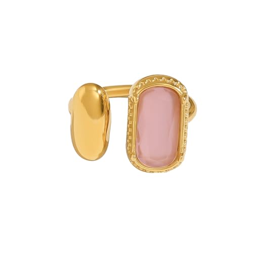 Elegant Gemstone Geometric Statement Rings for Women Gold-Tone Plated Stainless Steel Open Band Dainty Wedding Open Adjustable Middle Thumb Ring Cocktail Prom Party Trendy Jewelry for Girlfriend - color: Pink