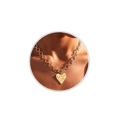 Chunky Gold Necklace for Women | 14K Gold Plated Hammered Heart Pendant O-Link Chain Necklace with Toggle Clasp, Waterproof Statement Jewelry Gift for Her - color: Chunky Gold Heart Necklace