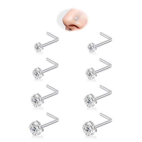 iejsbhrp 8Pcs Nose Rings Studs for Women Men, Hypoallergenic Silver | 316L Surgical Stainless Steel Nose Studs, L Shape/Corkscrew Nose Piercing Jewelry, CZ 1.5mm 2mm 2.5mm 3mm - color: 8pcs L shaped