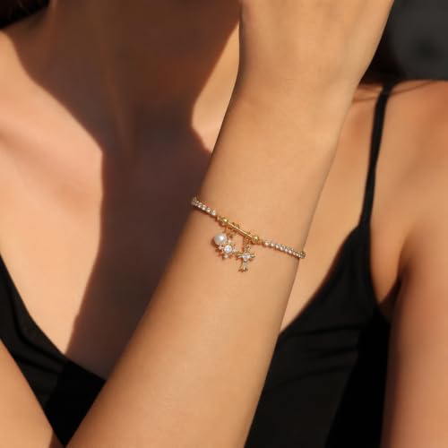 FANZE Gold Plated Cubic Zirconia Tennis Bracelets for Women Dainty Trendy Adjustable Bracelet Jewelry Gift for Ladies Wedding Mother Birthday Anniversary - style: Gold Charm